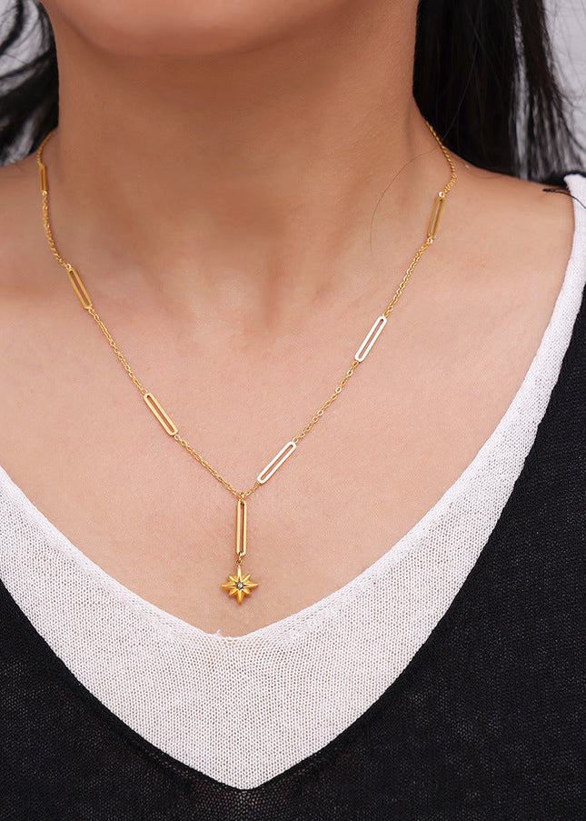 Cross-border simple rice word diamond pendant ins eight-pointed star necklace women's niche light luxury design sense titanium steel clavicle chain