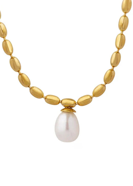 European and American temperament jewelry neutral style cross-border fashion titanium steel gold-plated oval bead chain freshwater pearl pendant necklace