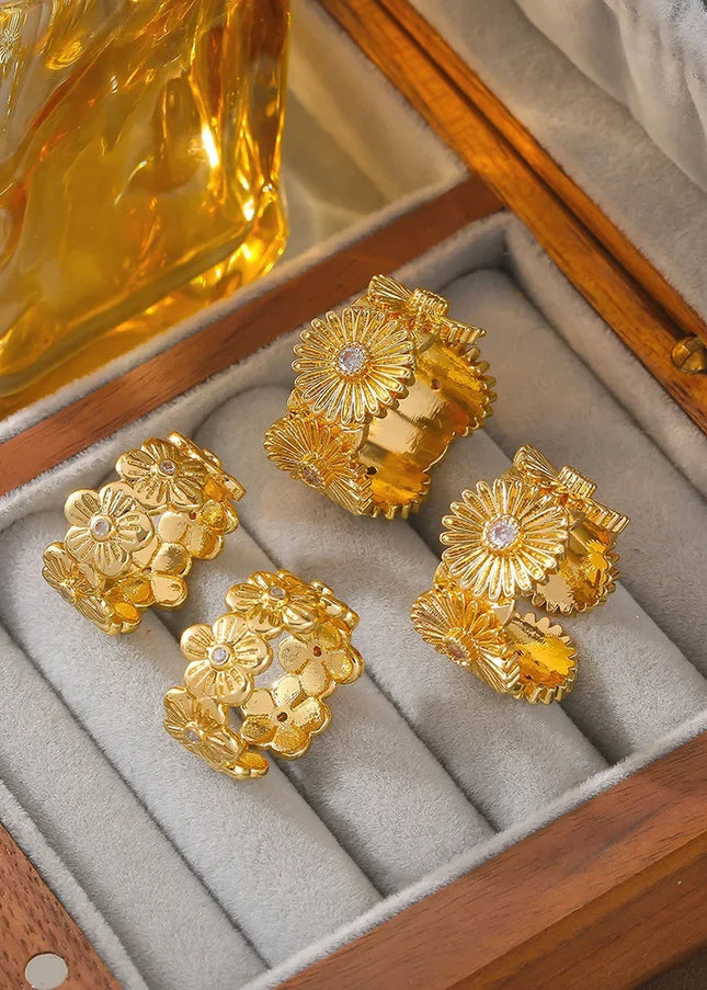 Forest's personality is fresh, simple and elegant, open ring, geometric texture, flower and diamond design, copper ring