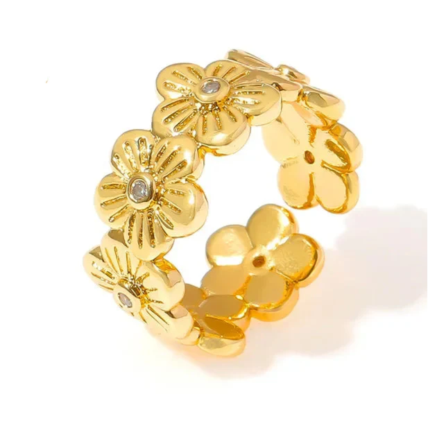 Forest's personality is fresh, simple and elegant, open ring, geometric texture, flower and diamond design, copper ring