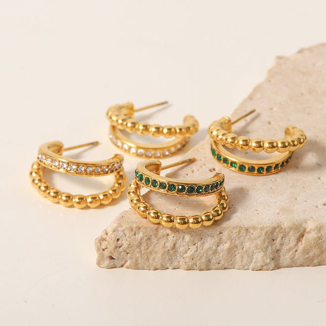 Cross-border fashion light luxury inlaid rhinestone C-shaped earrings are versatile and do not fade stud earrings girls plated 18K gold earrings wholesale