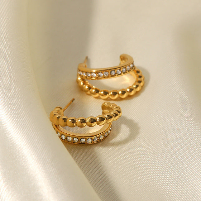 Cross-border fashion light luxury inlaid rhinestone C-shaped earrings are versatile and do not fade stud earrings girls plated 18K gold earrings wholesale