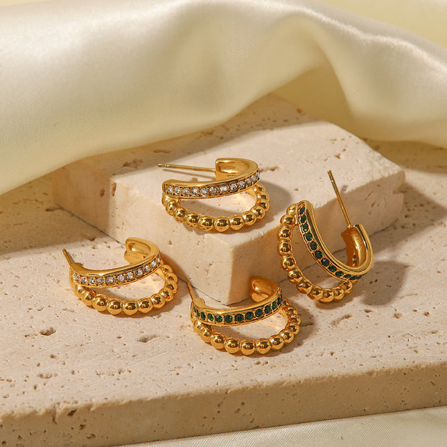 Cross-border fashion light luxury inlaid rhinestone C-shaped earrings are versatile and do not fade stud earrings girls plated 18K gold earrings wholesale