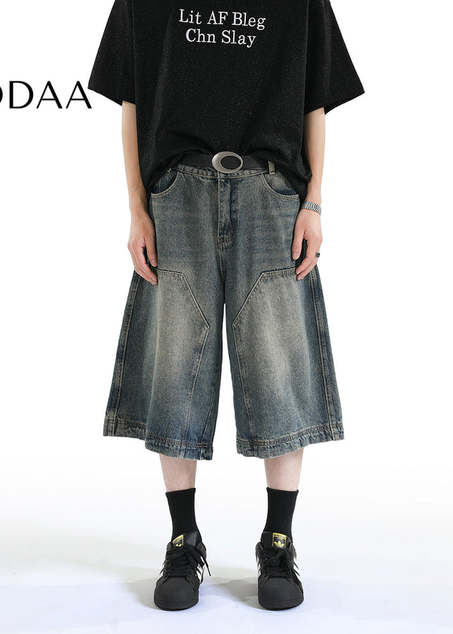 RAVENOASIS AMERICAN PREMIUM JEANS MEN’S SUMMER VINTAGE LOOSE CROPPED HIGH-STREET LOGGING WIDE-LEG SHORTS - S / Mid Blue