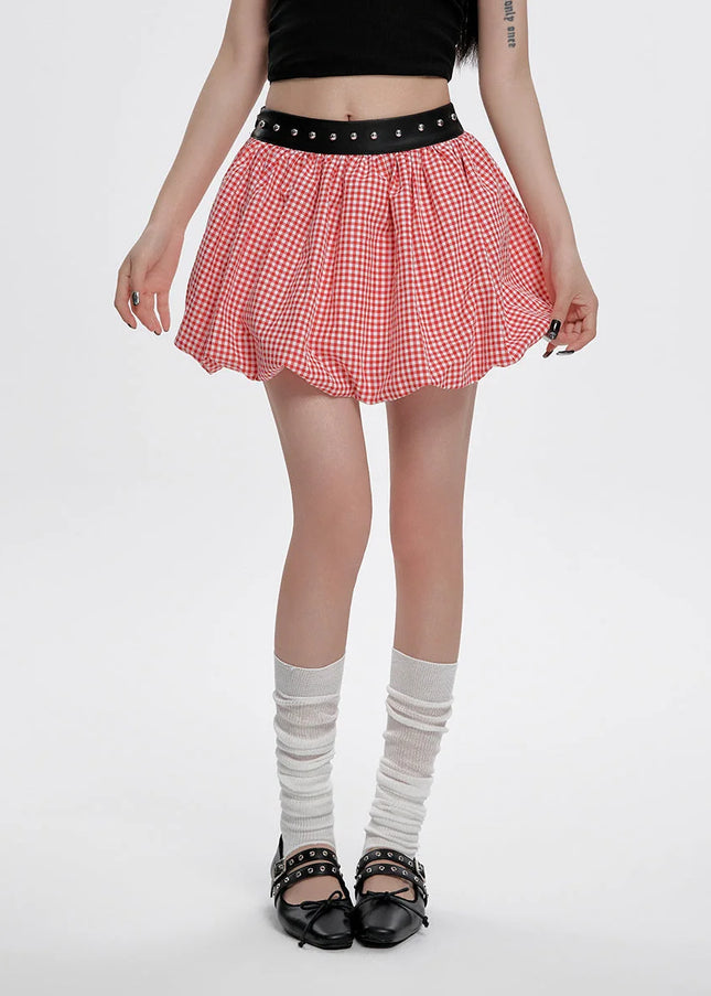 Red And White Plaid Studded Belt A-Line Skirt - Skirts