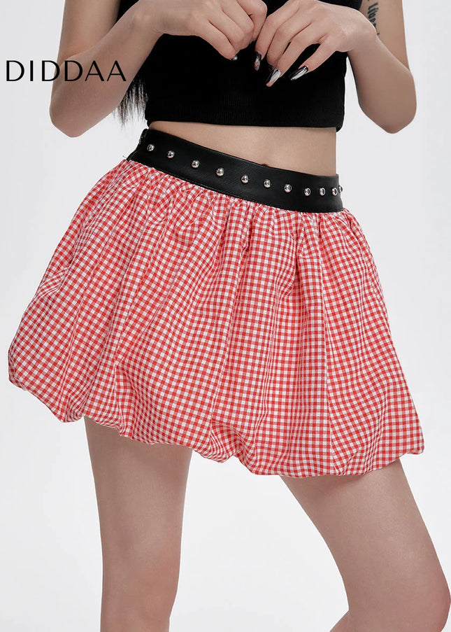 Red And White Plaid Studded Belt A-Line Skirt - Skirts