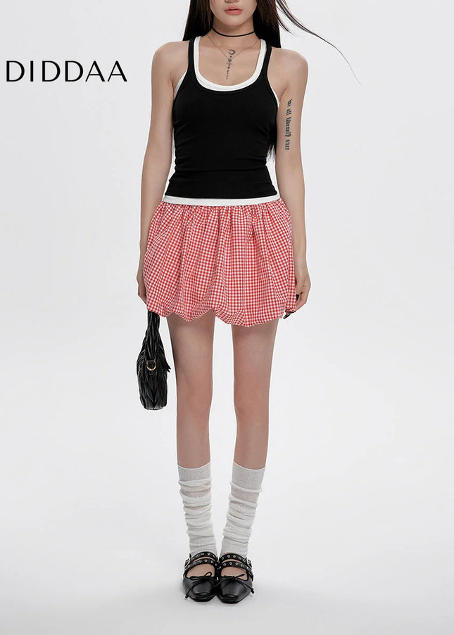 Red And White Plaid Studded Belt A-Line Skirt - Skirts