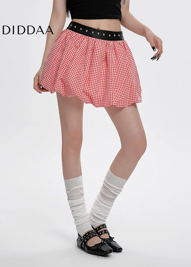 Red And White Plaid Studded Belt A-Line Skirt - Skirts