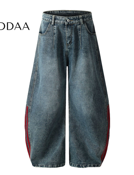 Red-Edged Distressed Loose Wide-Leg Jeans - S / Dark Blue - Women’s Jeans