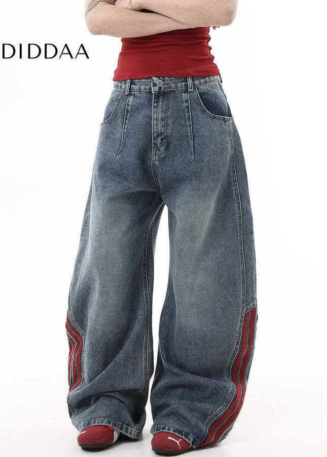 Red-Edged Distressed Loose Wide-Leg Jeans - Women’s Jeans