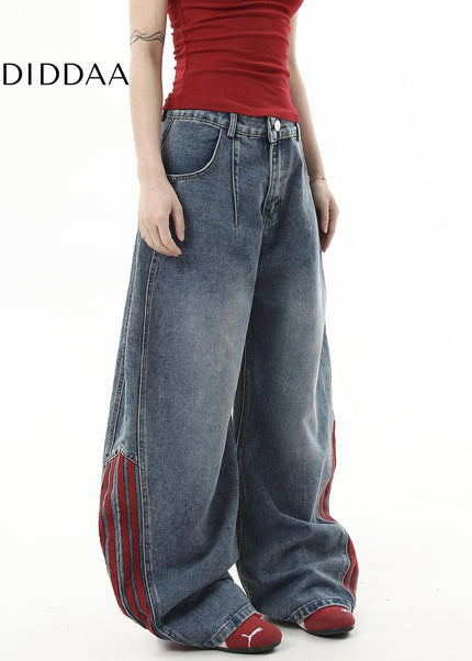 Red-Edged Distressed Loose Wide-Leg Jeans - Women’s Jeans