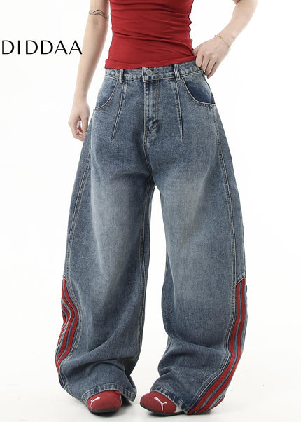 Red-Edged Distressed Loose Wide-Leg Jeans - Women’s Jeans