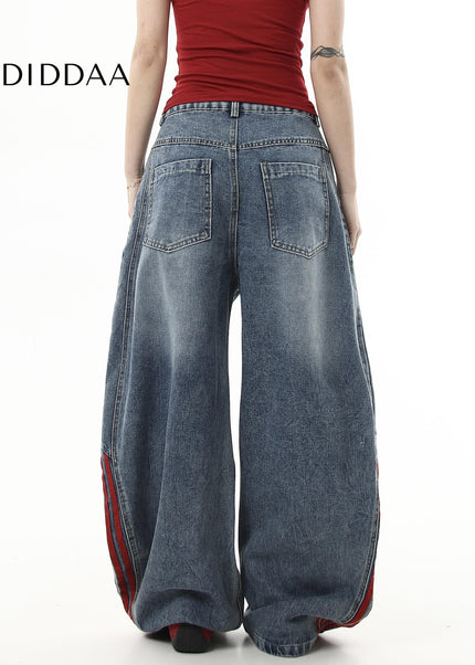 Red-Edged Distressed Loose Wide-Leg Jeans - Women’s Jeans