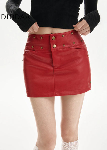 Red High-Waisted A-Line PU Leather Skirt for Women - Skirts