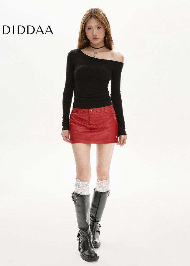 Red High-Waisted A-Line PU Leather Skirt for Women - Skirts