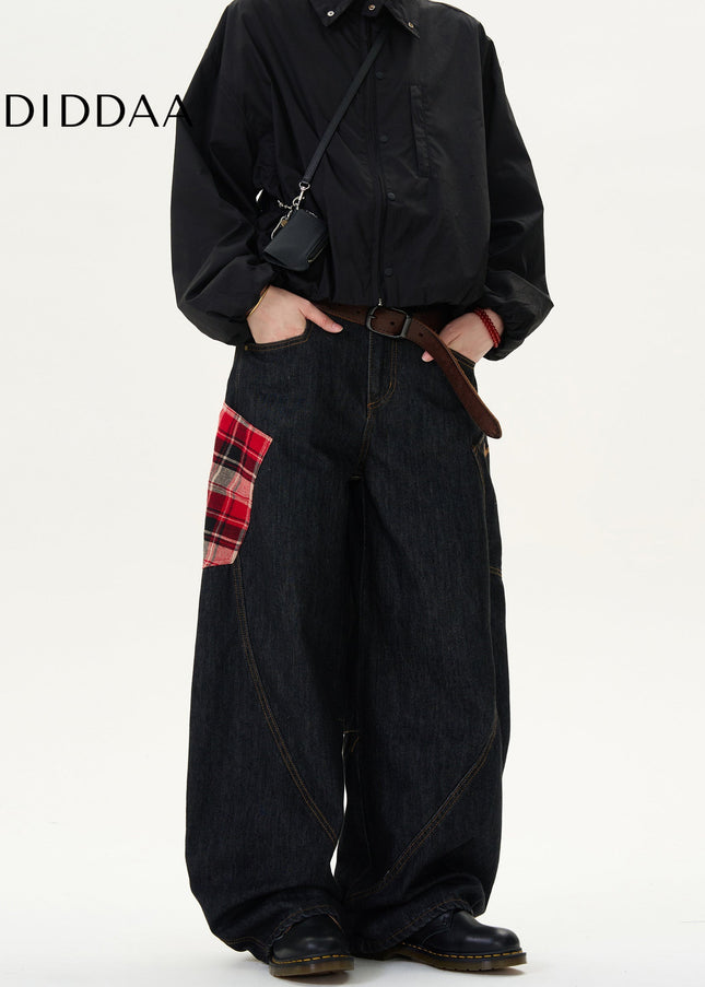 Red Vintage Patchwork Loose Fit Jeans - Men’s Jeans