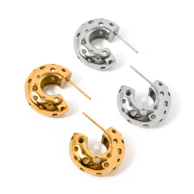 18k gold stainless steel round hollow C-shaped earrings 2023 new trendy temperament Internet celebrity niche design earrings