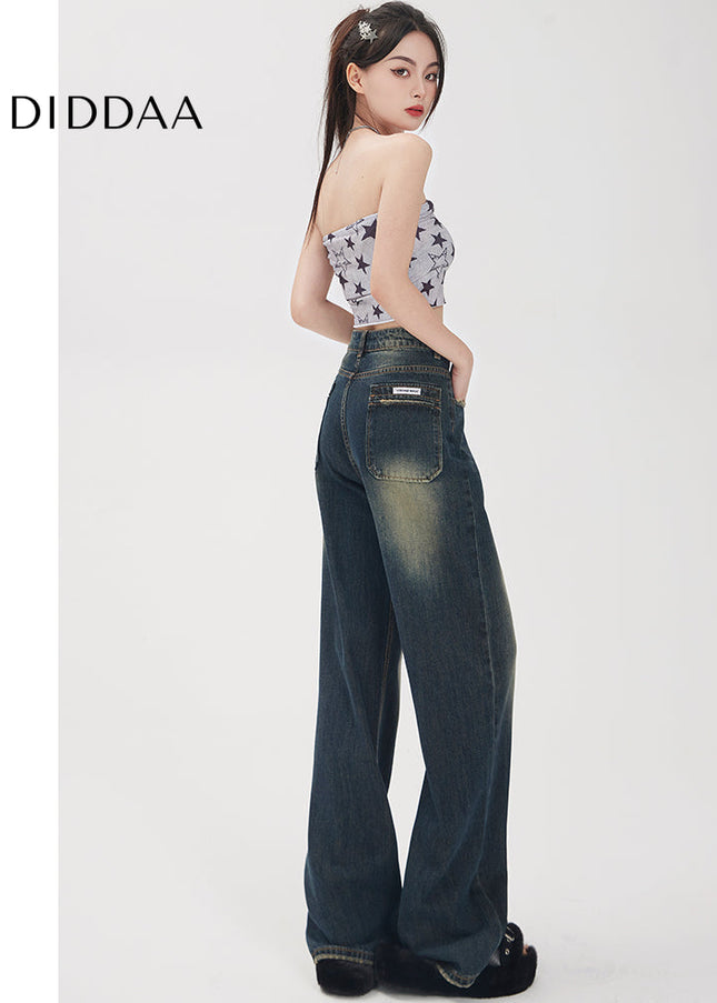 Retro Blue Distressed Mopping Wide Leg Jeans - Women’s Jeans