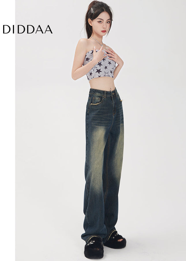 Retro Blue Distressed Mopping Wide Leg Jeans - Women’s Jeans