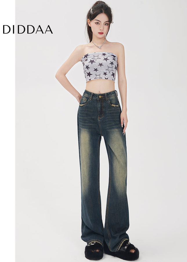 Retro Blue Distressed Mopping Wide Leg Jeans - Women’s Jeans