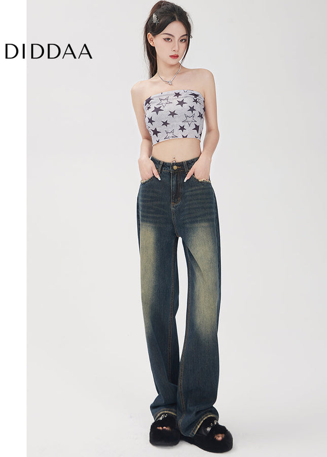 Retro Blue Distressed Mopping Wide Leg Jeans - Women’s Jeans