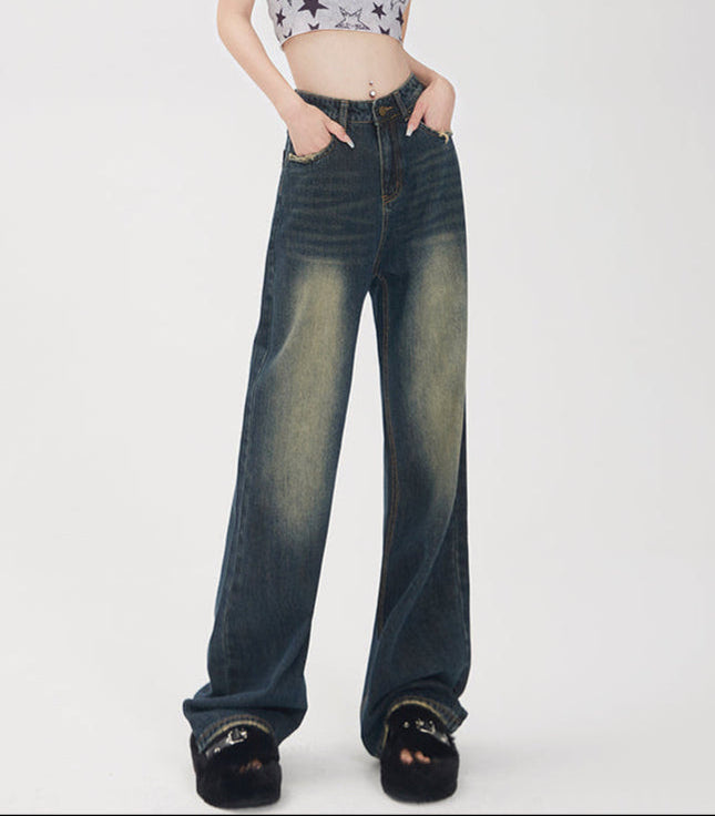 Retro Blue Distressed Mopping Wide Leg Jeans - Women’s Jeans