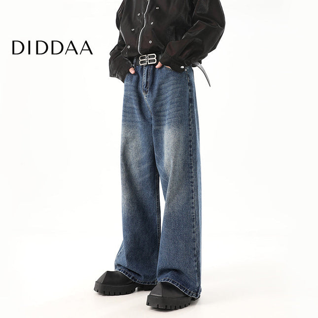 Retro Blue Draped Wide Leg Jeans for Men - M / Blue - Men’s Jeans