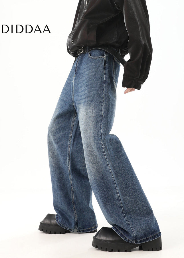 Retro Blue Draped Wide Leg Jeans for Men - Men’s Jeans