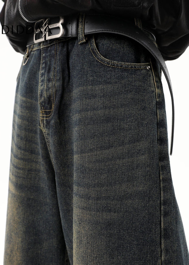 Retro Blue Draped Wide Leg Jeans for Men - Men’s Jeans