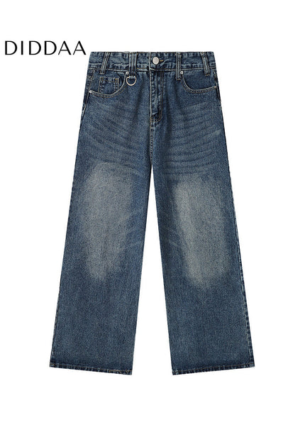 Retro Blue Draped Wide Leg Jeans for Men - Men’s Jeans
