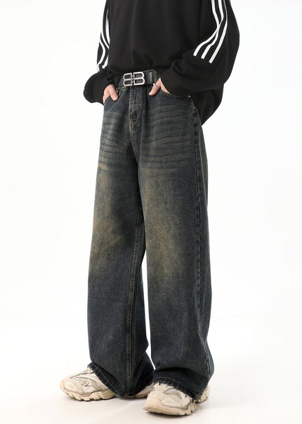 Retro Blue Draped Wide Leg Jeans for Men - Men’s Jeans