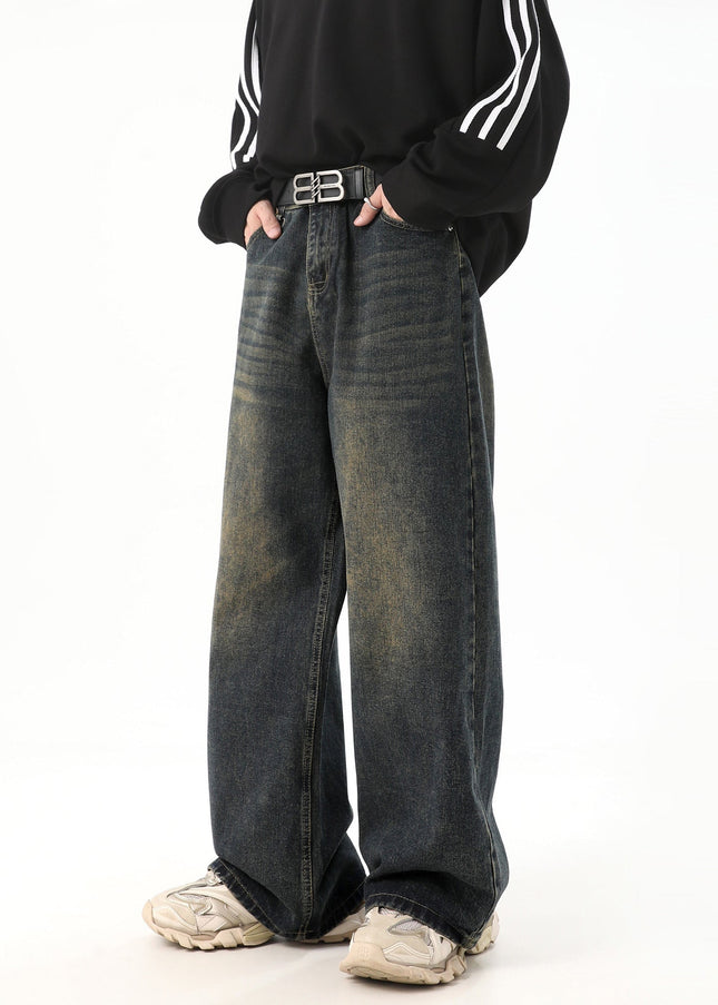Retro Blue Draped Wide Leg Jeans for Men - Men’s Jeans