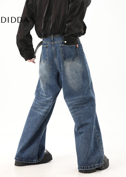 Retro Blue Draped Wide Leg Jeans for Men - Men’s Jeans