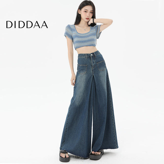 Retro Blue High-Waisted Wide-Leg Jeans with Raw Edge - Women’s Jeans