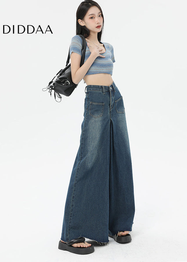 Retro Blue High-Waisted Wide-Leg Jeans with Raw Edge - Women’s Jeans