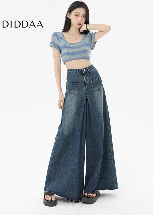 Retro Blue High-Waisted Wide-Leg Jeans with Raw Edge - Women’s Jeans