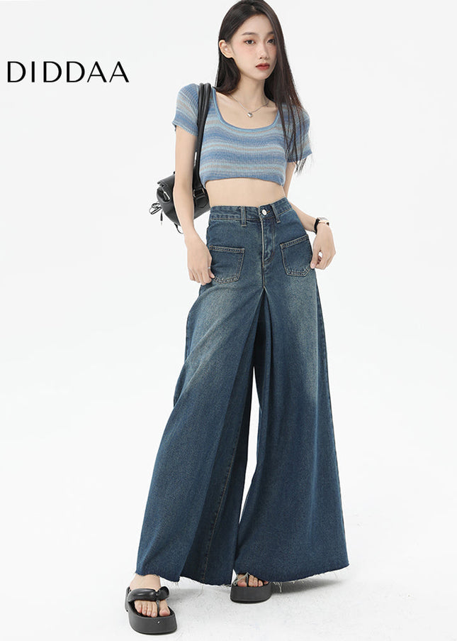 Retro Blue High-Waisted Wide-Leg Jeans with Raw Edge - Women’s Jeans