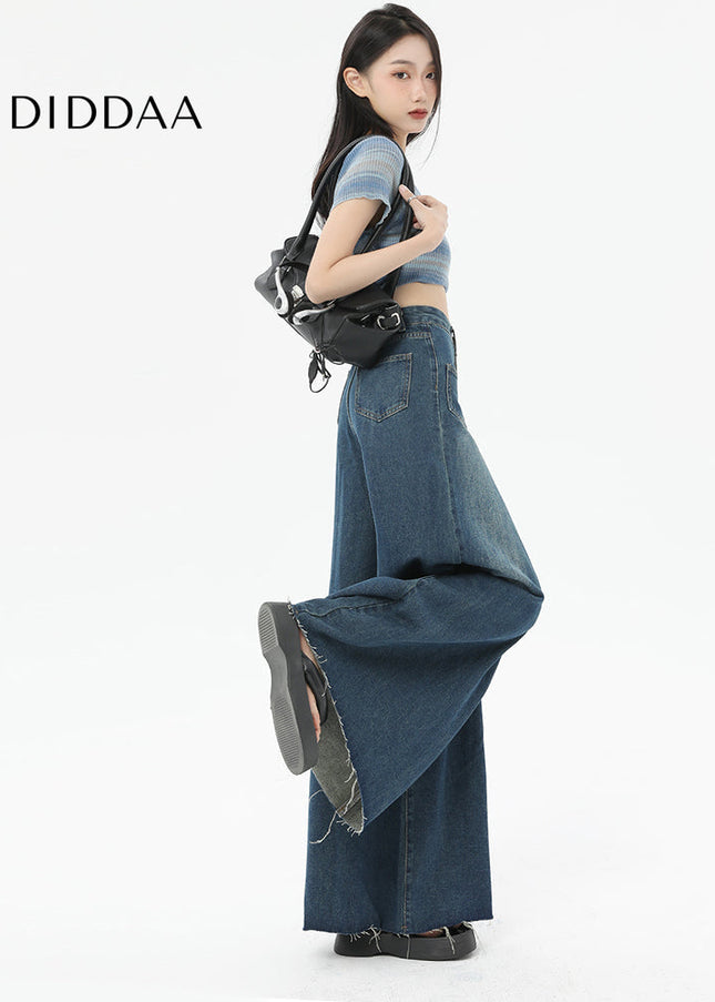 Retro Blue High-Waisted Wide-Leg Jeans with Raw Edge - Women’s Jeans
