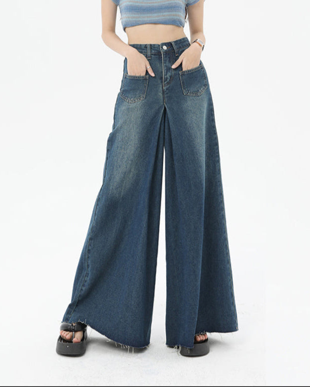 Retro Blue High-Waisted Wide-Leg Jeans with Raw Edge - Women’s Jeans