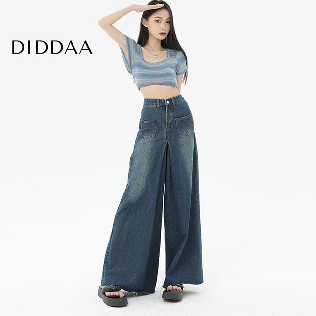 Retro Blue High-Waisted Wide-Leg Jeans with Raw Edge - XS / Mid Blue - Women’s Jeans