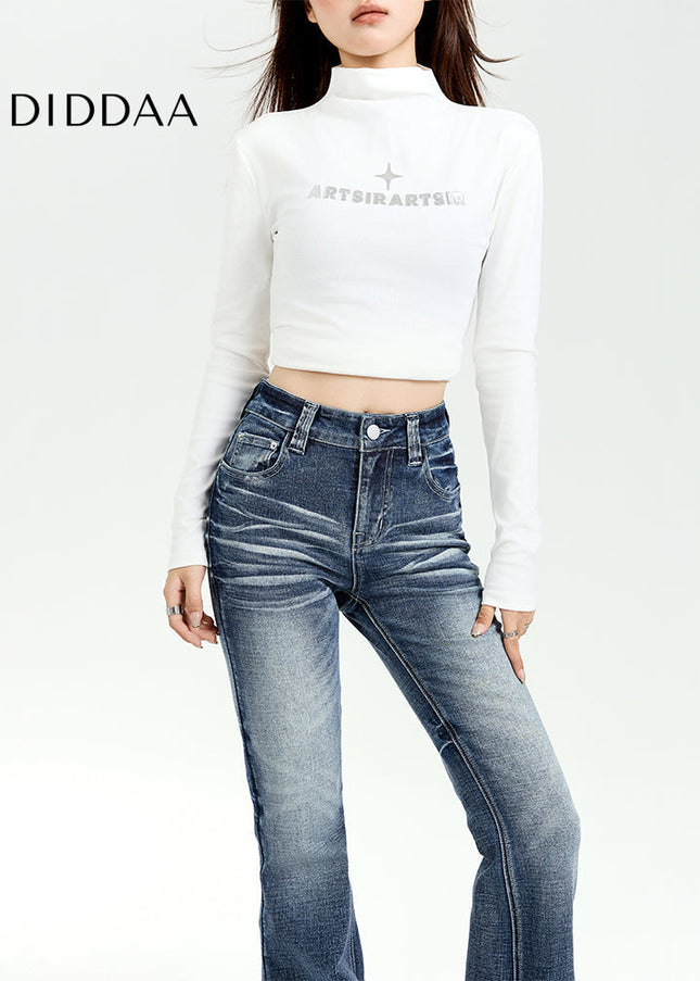 Retro Blue Micro Flared Jeans with Horseshoe Design - Women’s Jeans