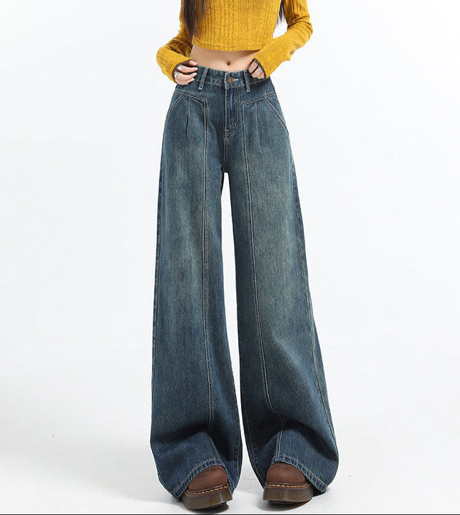 Retro Blue Panelled Loose Fit Wide-Leg Pants - Women’s Jeans