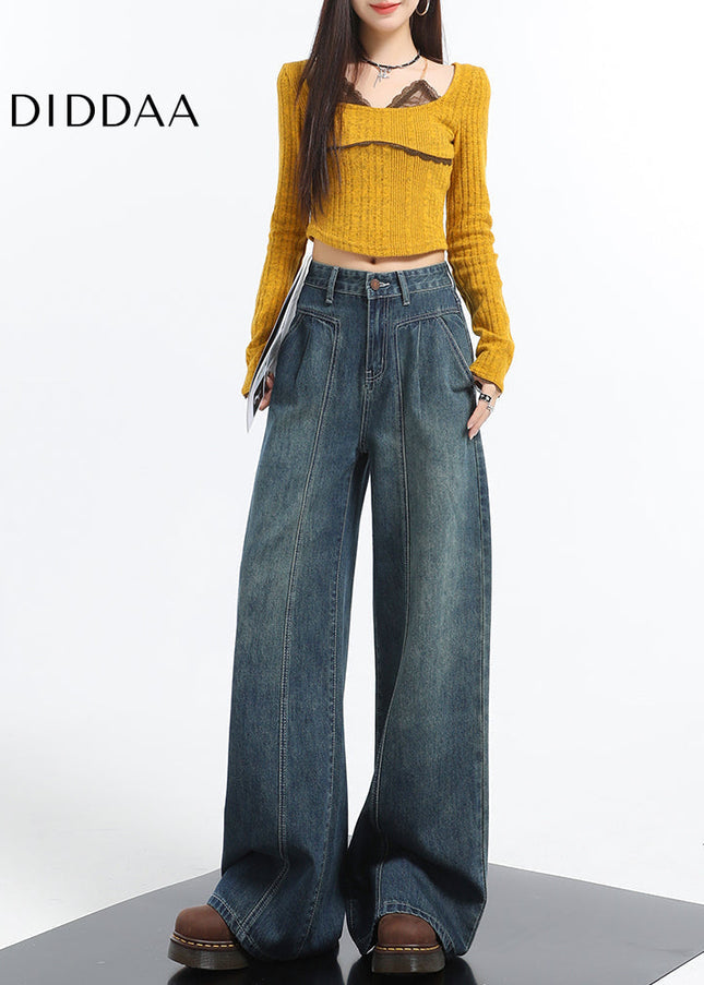 Retro Blue Panelled Loose Fit Wide-Leg Pants - Women’s Jeans