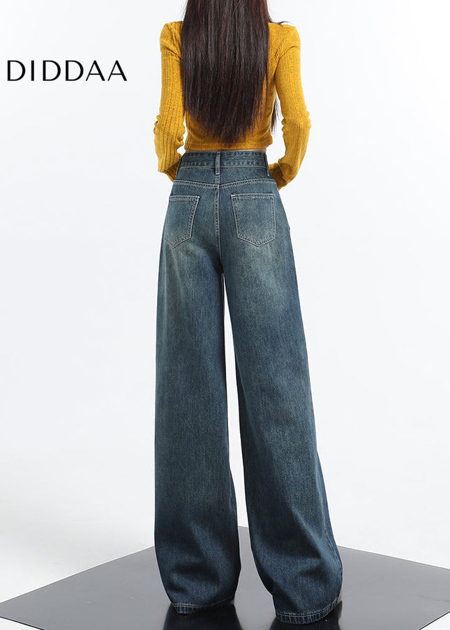 Retro Blue Panelled Loose Fit Wide-Leg Pants - Women’s Jeans