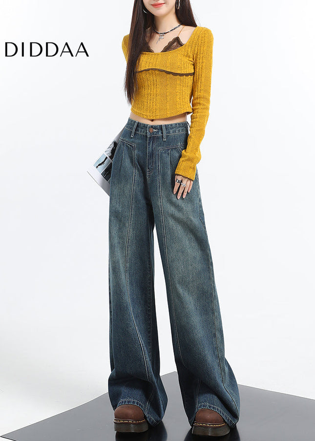 Retro Blue Panelled Loose Fit Wide-Leg Pants - Women’s Jeans