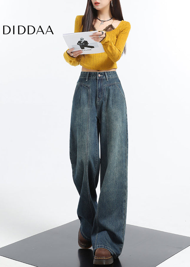 Retro Blue Panelled Loose Fit Wide-Leg Pants - Women’s Jeans