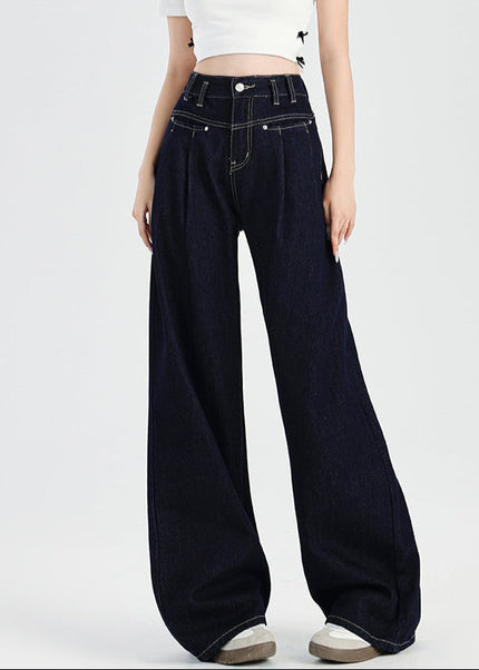 Retro Dark Blue High-Waisted Wide-Leg Jeans Women - Women’s Jeans