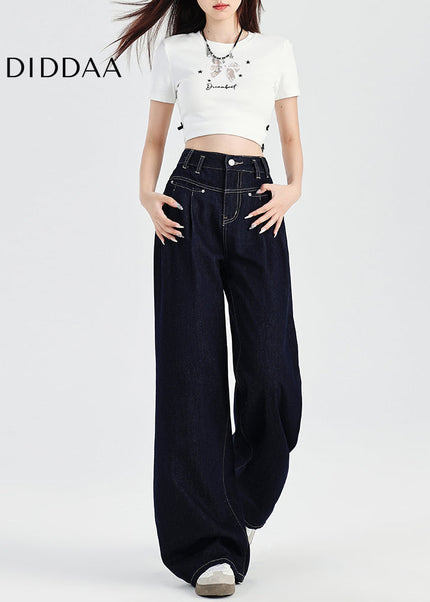 Retro Dark Blue High-Waisted Wide-Leg Jeans Women - Women’s Jeans