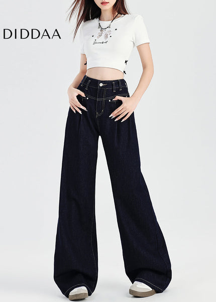 Retro Dark Blue High-Waisted Wide-Leg Jeans Women - Women’s Jeans