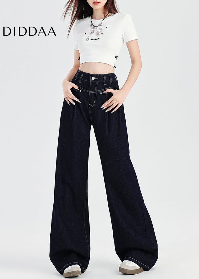 Retro Dark Blue High-Waisted Wide-Leg Jeans Women - Women’s Jeans
